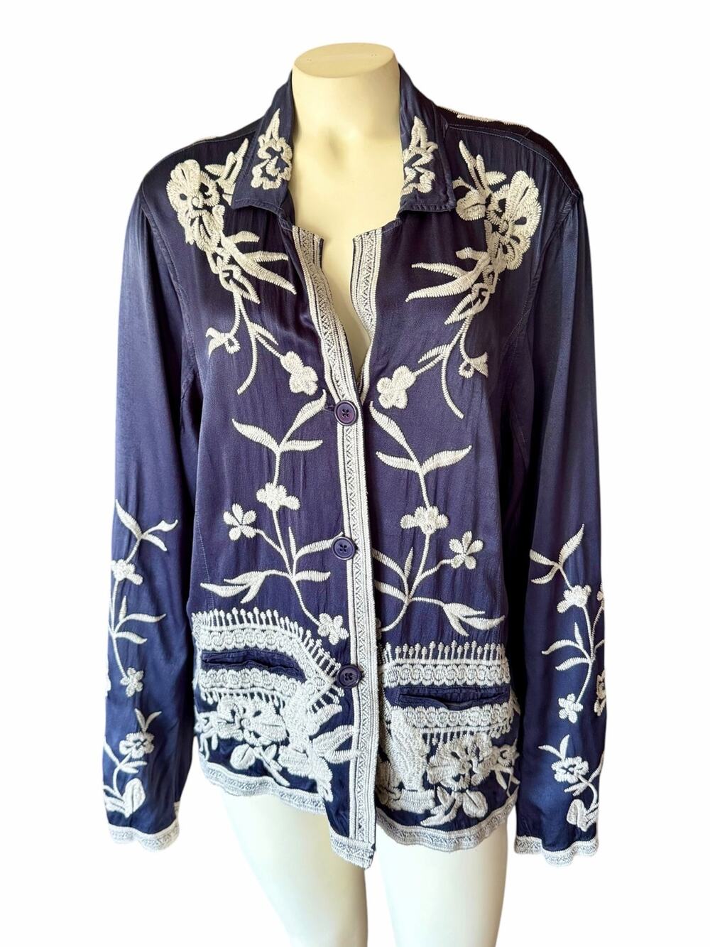 Johnny Was Jakarta Jacket Satin Embroidery Navy White Large